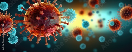 Corona virus theme, microscopic view of floating virus cells. 