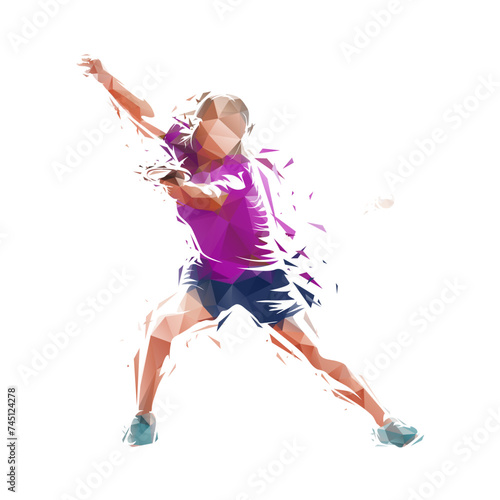 Table tennis female player, woman playing ping pong, low poly geometric isolated vector illustration