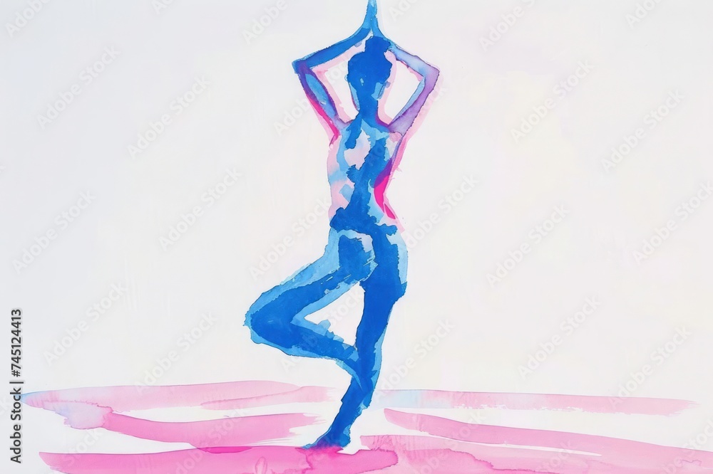 Woman in yoga pose in a pink and blue pastel colors with minimal details