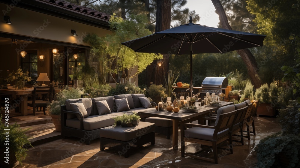 An outdoor oasis with light tan and dark chocolate patio furniture