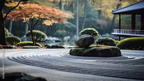 a garden with carefully raked sand and balanced stones, invoking a feeling of tranquility and inner peace