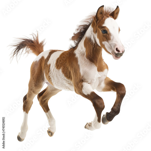 Cute running pinto foal isolated on white or transparent background  png clipart  design element. Easy to place on any other background.