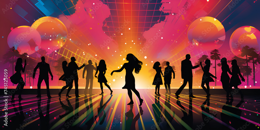 Silhouettes of Dancing People at Disco Party in Modern Club Ambiance Silhouettes of Dancing People at Disco Party in Modern Club Ambiance