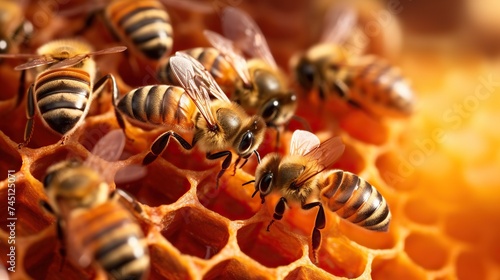 Close up view of the working bees on honeycells. Beekeeping concept