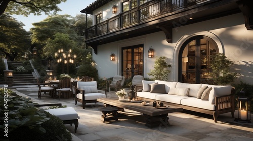 An outdoor oasis with light ivory and ebony patio furniture