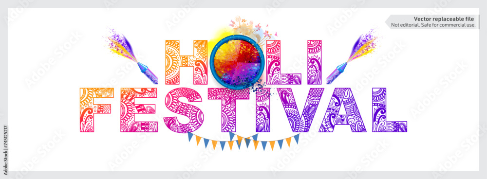 Holi Festival typography Vector illustration. Indian traditional Holi celebration background concept.