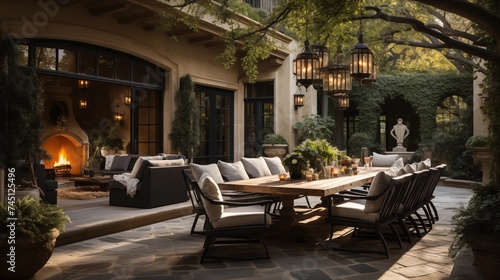 An outdoor oasis with light ivory and ebony patio furniture