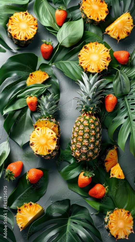 A pineapple sits amidst a backdrop of vibrant tropical leaves and juicy strawberries, creating a colorful and lively scene. A pineapple sits amidst a backdrop of vibrant tropical leaves and juicy strawberries, creating a colorful and lively scene.