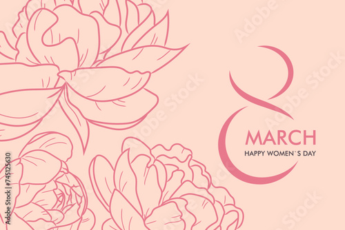 women`s day card with hand drawn peonies in line art style, isolated vector illustration on pink background