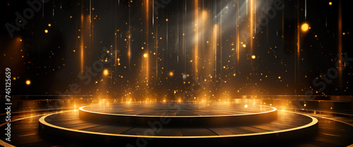 Bright podium with golden lights on dark background