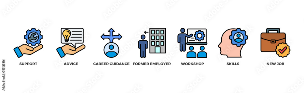 Outplacement banner web icon illustration concept with icon of support, advice, career guidance, former employer, workshop, skills, new job Outplacement banner web icon illustration concept with icon of support, advice, career guidance, former employer, workshop, skills, new job