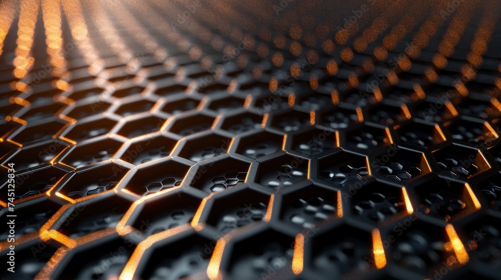 Detailed view of a metallic hexagonal grate, showcasing its intricate design and structure. Detailed view of a metallic hexagonal grate, showcasing its intricate design and structure.