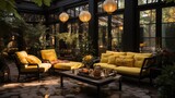 An outdoor oasis with light yellow and ebony black patio furniture