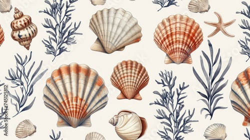A seamless pattern of various seashells and seaweed laid out on a white background, creating a marine-inspired design.