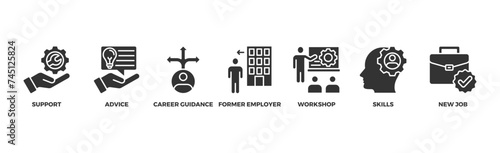 Outplacement banner web icon illustration concept with icon of support, advice, career guidance, former employer, workshop, skills, new job