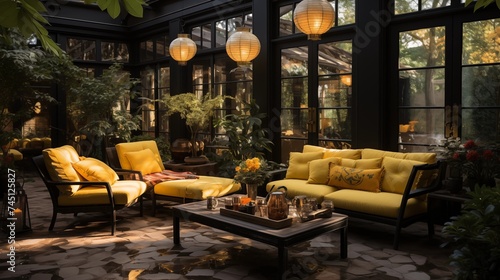 An outdoor oasis with light yellow and ebony black patio furniture
