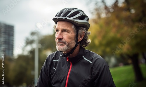 Portrait photography of a man cyclist wearing cycling helmet in the city park background. © Filip