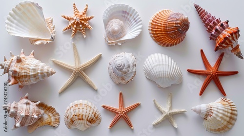 A collection of seashells and starfish on a solid white background, perfect for personalized beach-themed designs. 