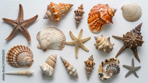 A collection of seashells and starfish on a solid white background, perfect for personalized beach-themed designs. 