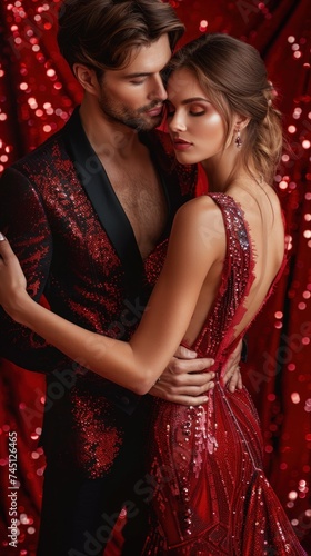 A man and a woman are standing together, both dressed in striking red outfits. The couple exudes elegance and passion in their evening attire.