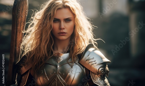 A beautiful blond hair woman warrior in shining armor