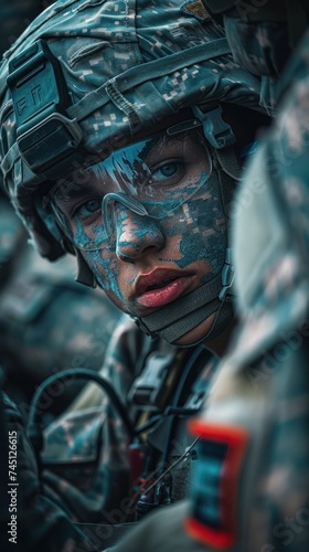 A soldier wearing camouflage paint on his face, blending into his surroundings for tactical purposes.