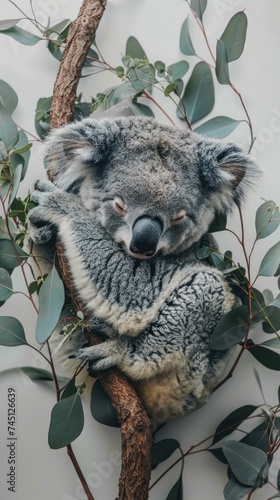 koala is perched on a tree branch.