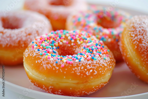 Close-up of colorful sprinkled donuts on a plate, ideal for food-related content.