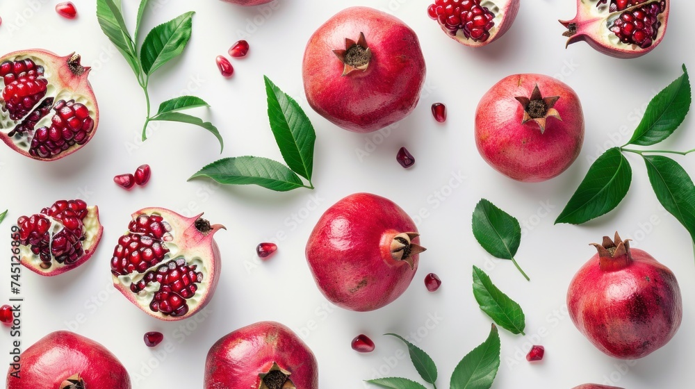 Pomegranates and green leaves carefully arranged on a clean white surface, creating a visually appealing pattern. Pomegranates and green leaves carefully arranged on a clean white surface, creating a visually appealing pattern.