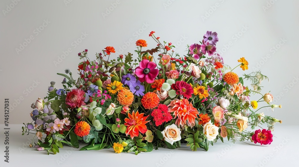 A vibrant bouquet of mixed flowers on a solid white background, perfect for customizable floral arrangements.
