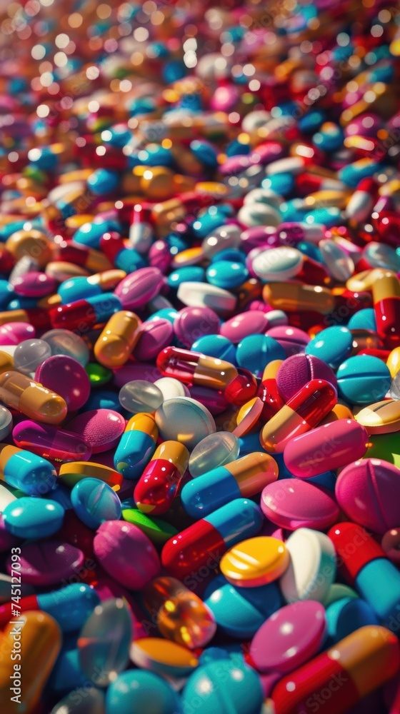 A large pile of colorful pharmacy pills stacked on top of a table. A large pile of colorful pharmacy pills stacked on top of a table.
