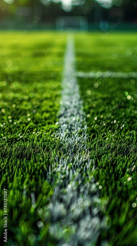 A vast grass field designed for football, featuring a prominent white line running across its length.