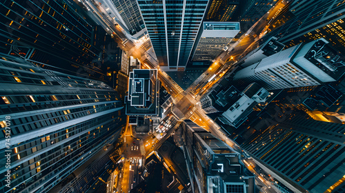 An aerial view of a bustling business district with modern skyscrapers, capturing the dynamic and energetic atmosphere of a thriving corporate environment