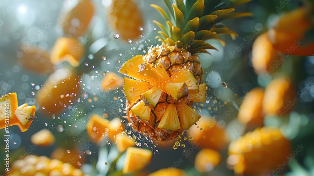 A ripe pineapple is seen falling gracefully into the air, showcasing slices of the fresh fruit mid-flight.