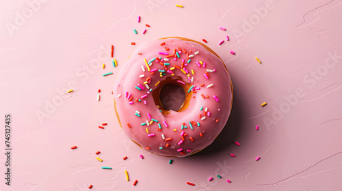 Top view of a pink frosted donut with colorful sprinkles