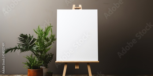 blank white mockup of a white canvas on an easel as a welcome sign at a wedding with many plants flowers view