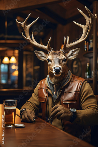 Big deer sitting in bar with glass of beer © Di Studio