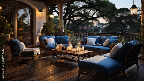 An outdoor oasis with warm white and twilight blue patio furniture