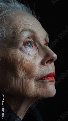 An older woman with white hair and striking blue eyes.