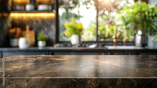 A modern, empty dark marble table top or kitchen island set in front of a window, with natural light streaming in.