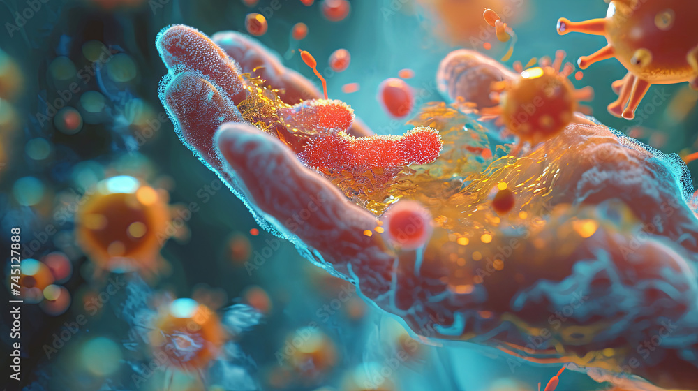 Cartoon microbe on the surface of human hand, Hygiene concept, bacteria and viruses background - obrazy, fototapety, plakaty 