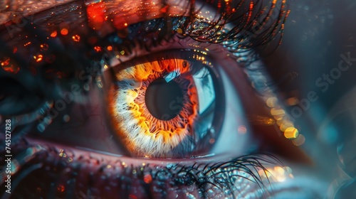 Detailed close-up of a persons vivid blue eye, showcasing intricate details of the iris and pupil. © FryArt Studio