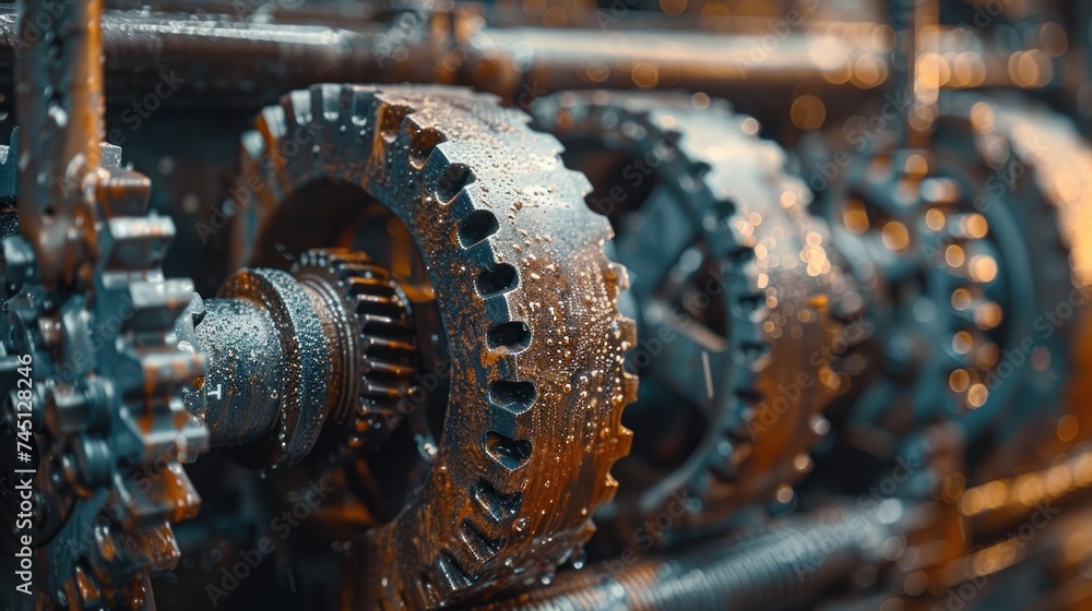 Detailed view of a machines intricate gear system. Detailed view of a machines intricate gear system.