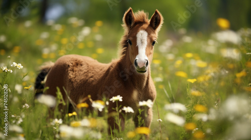 Portrait of a foal in a flowering early summer meadow © c_ART_oons