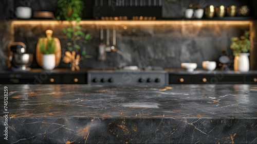 A modern kitchen featuring a sleek marble counter top and stylish black cabinets.
