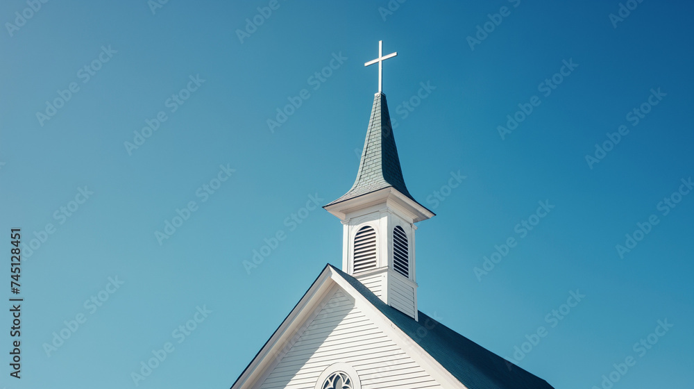 White Wooden Church Steeple with Classic Cross against a Vibrant Blue Sky: Symmetrical Architectural Stock Photography.