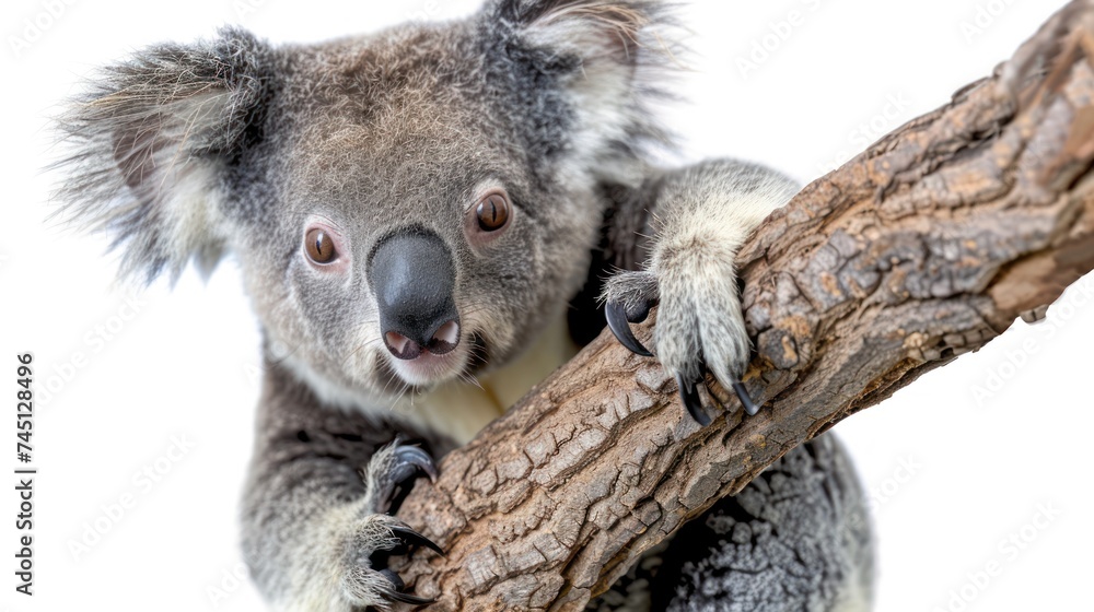 Naklejka premium A koala perched on a tree branch, showcasing its unique appearance and relaxed posture in its natural habitat.