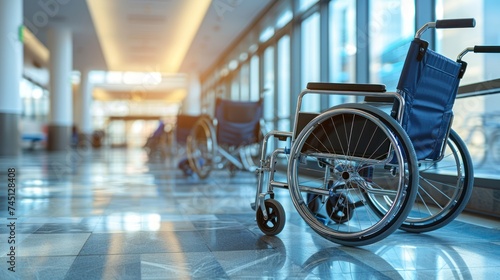 A wheelchair sits unoccupied in a hallway next to a building, awaiting its next use.