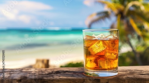 Glass of Cocktail Background of Beautiful Beach © Left