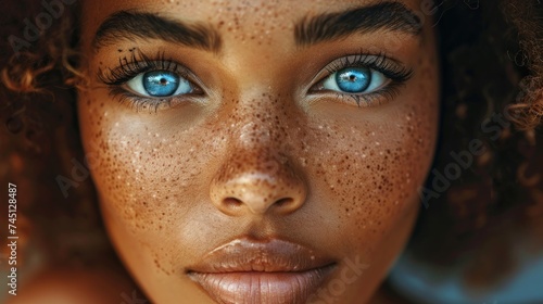 A detailed view of an African American womans face showcasing her prominent freckles.